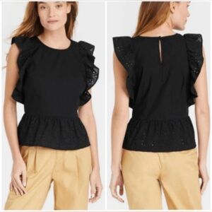 Who What Wear Women's Black Eyelet Ruffled Sleeveless Blouse Size M